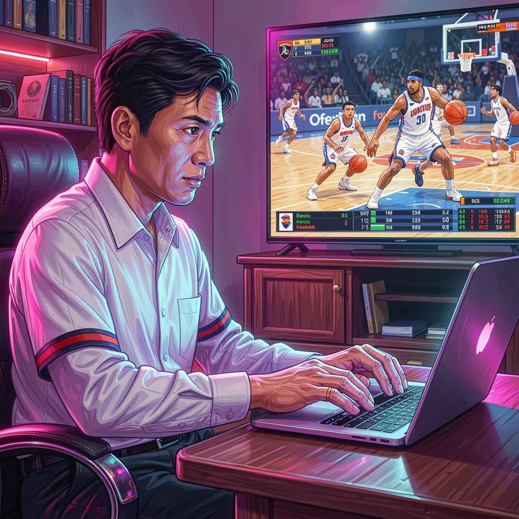 Confident Filipino bettor analyzing basketball odds on a laptop with live game visuals while using the PLUS222 betting platform