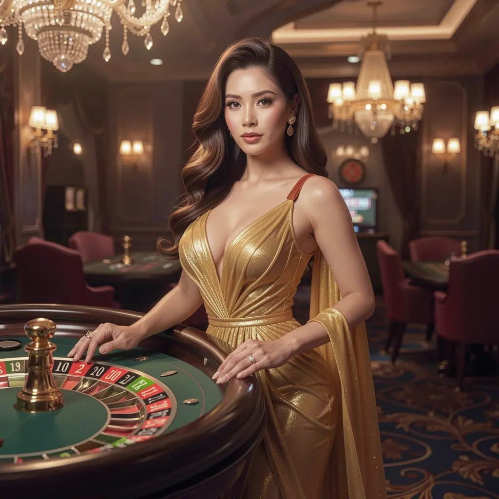 Confident woman in a luxurious casino setting with roulette tables and warm lighting showcasing the immersive atmosphere of PLUS222 online casino for players in the Philippines