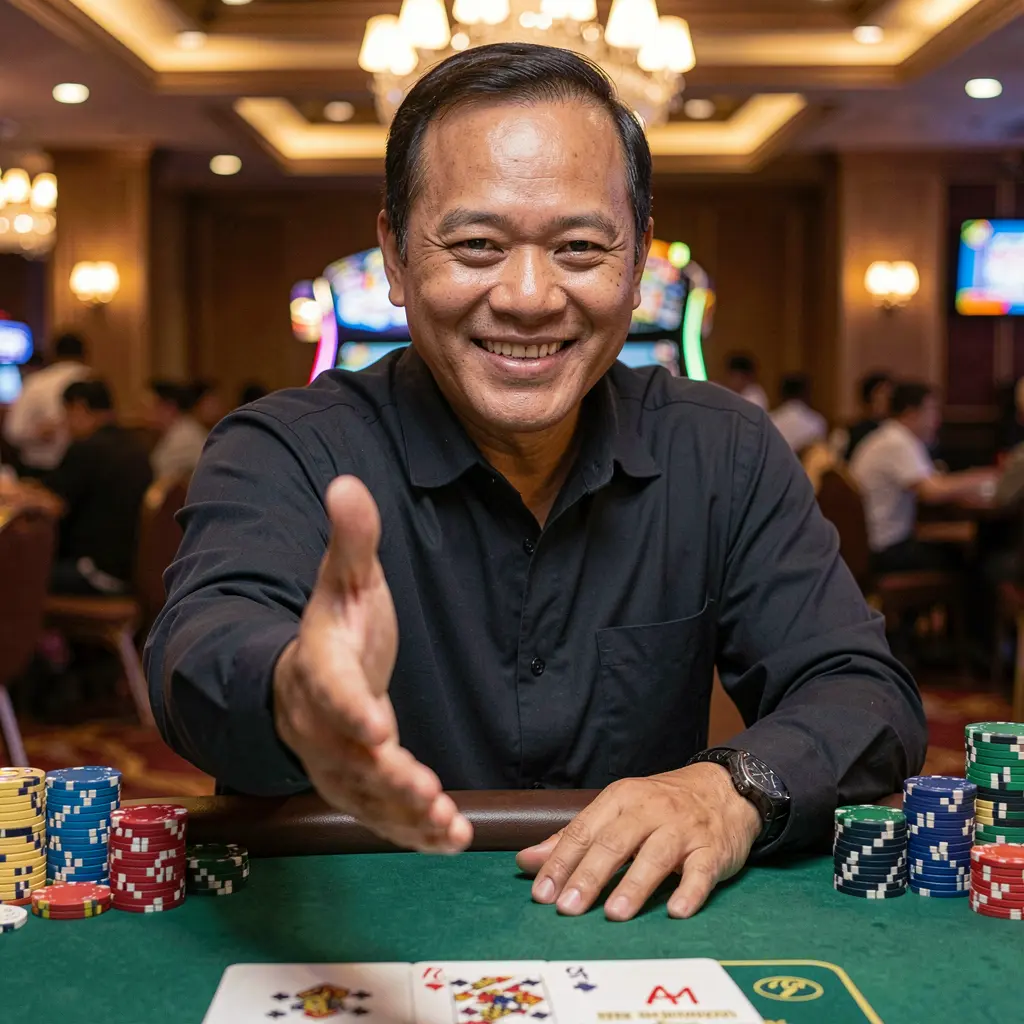 Confident Filipino casino dealer reaching out with glowing chips around him representing secure and trusted PLUS222 login in the Philippines